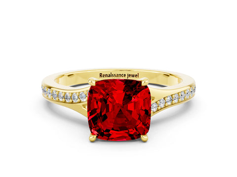 Yellow gold Cushion Cut Ruby Solitaire Ring with Pavé Band and Prong Setting_12
