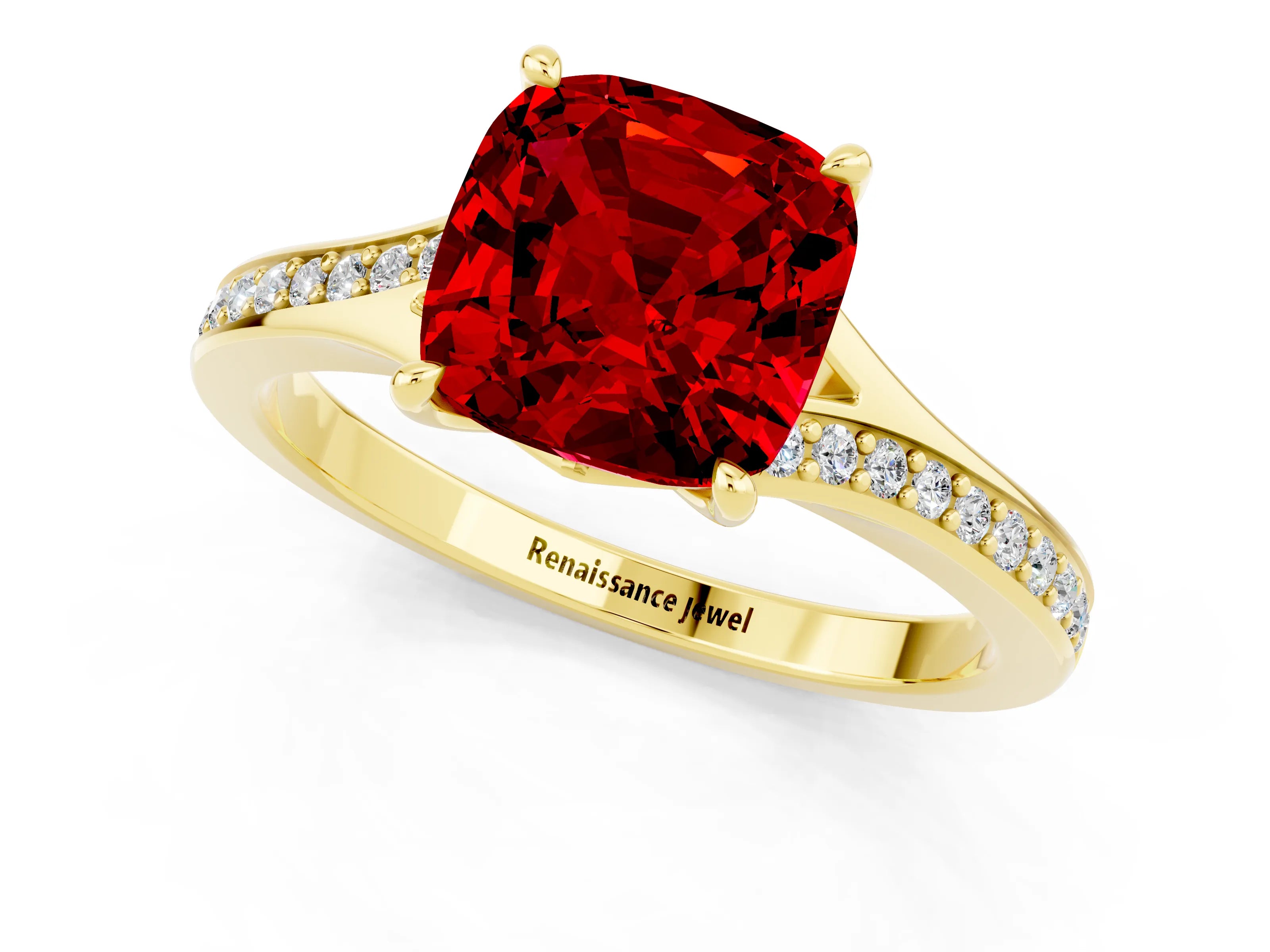 Yellow gold Cushion Cut Ruby Solitaire Ring with Pavé Band and Prong Setting_13