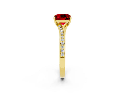 Yellow gold Cushion Cut Ruby Solitaire Ring with Pavé Band and Prong Setting_14