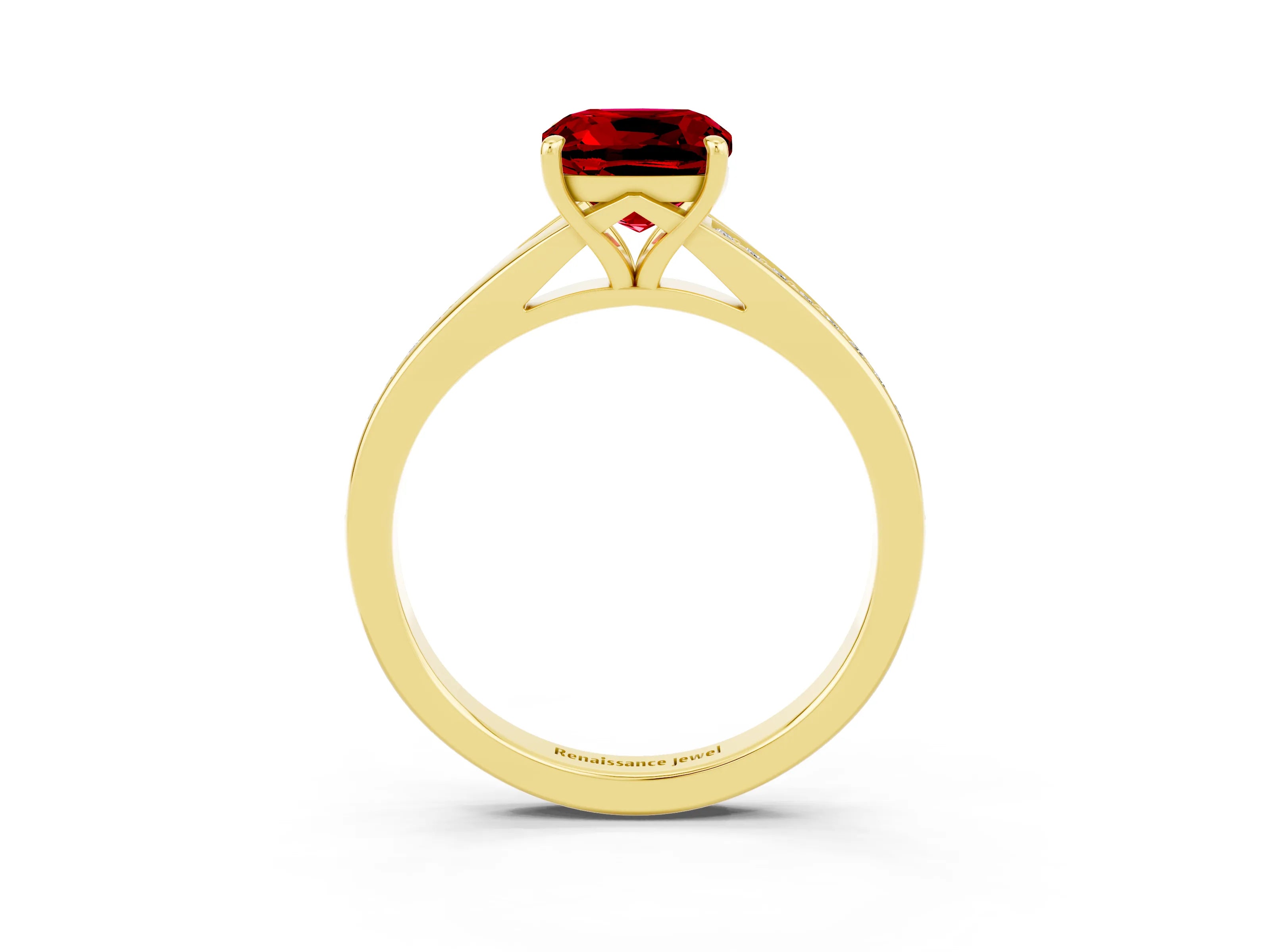 Yellow gold Cushion Cut Ruby Solitaire Ring with Pavé Band and Prong Setting_15