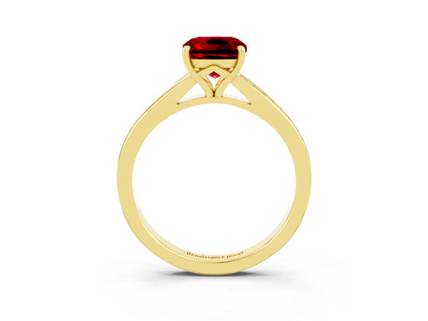 Yellow gold Cushion Cut Ruby Solitaire Ring with Pavé Band and Prong Setting_15
