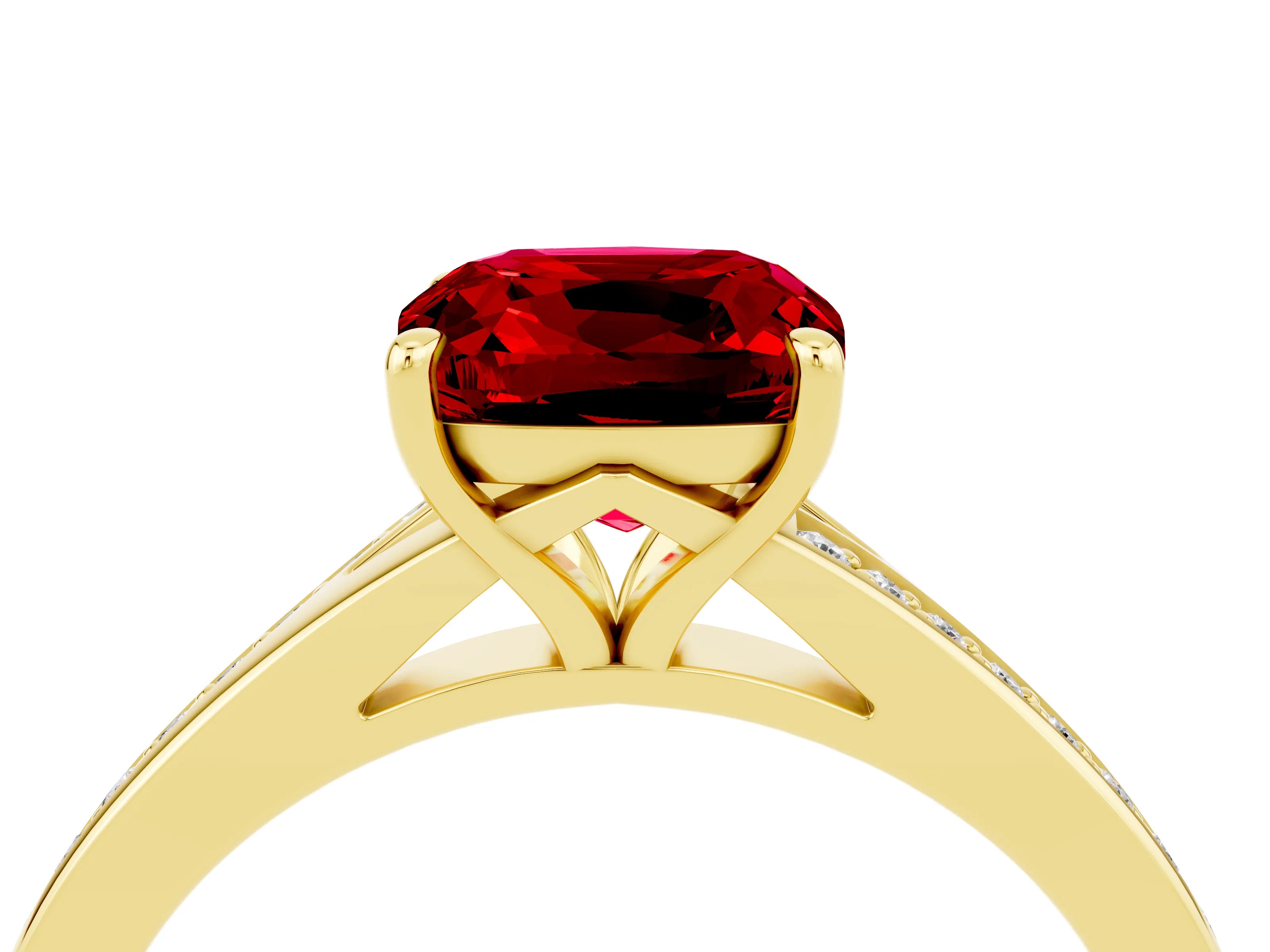 Yellow gold Cushion Cut Ruby Solitaire Ring with Pavé Band and Prong Setting_16