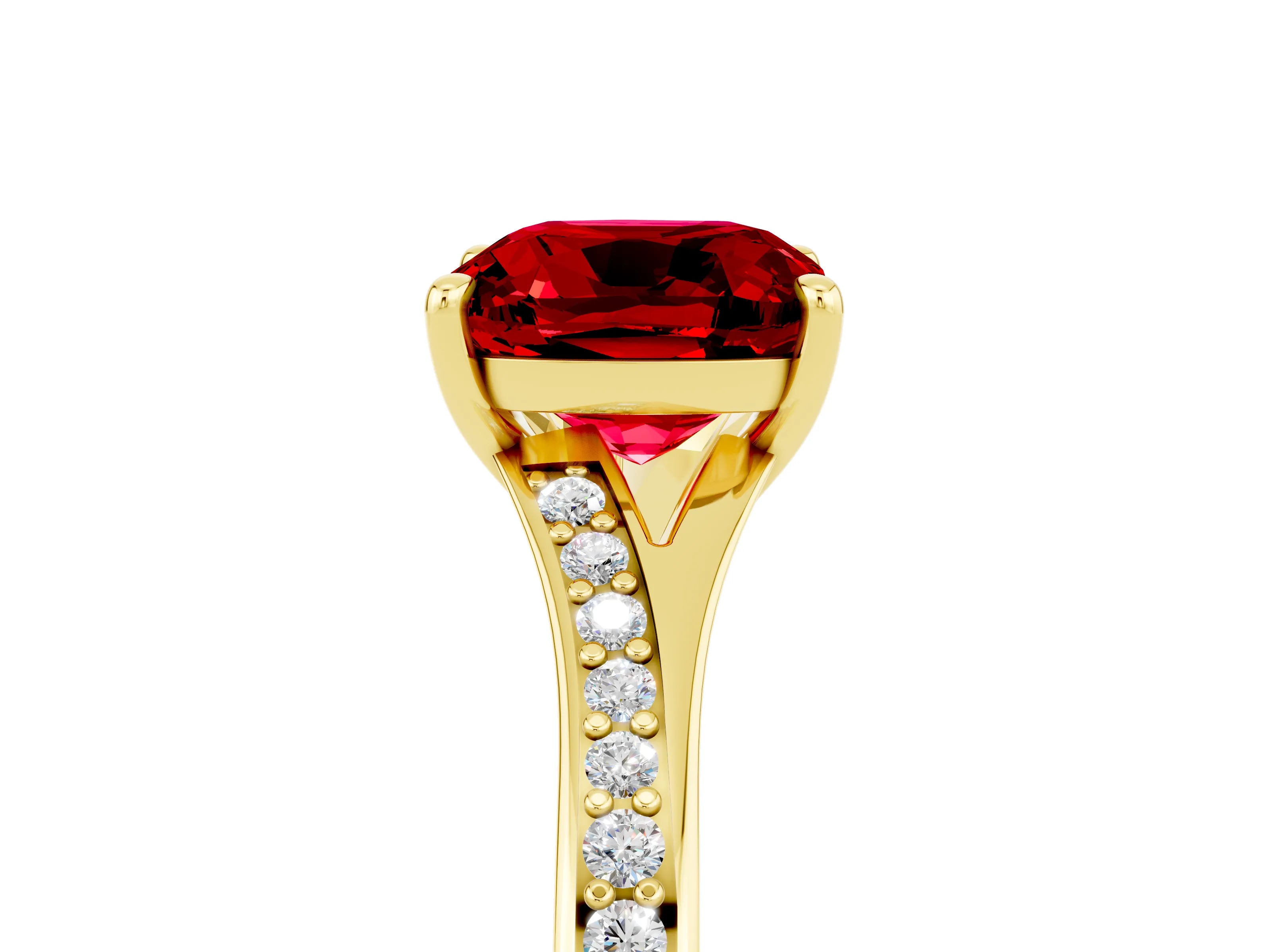 Yellow gold Cushion Cut Ruby Solitaire Ring with Pavé Band and Prong Setting_17