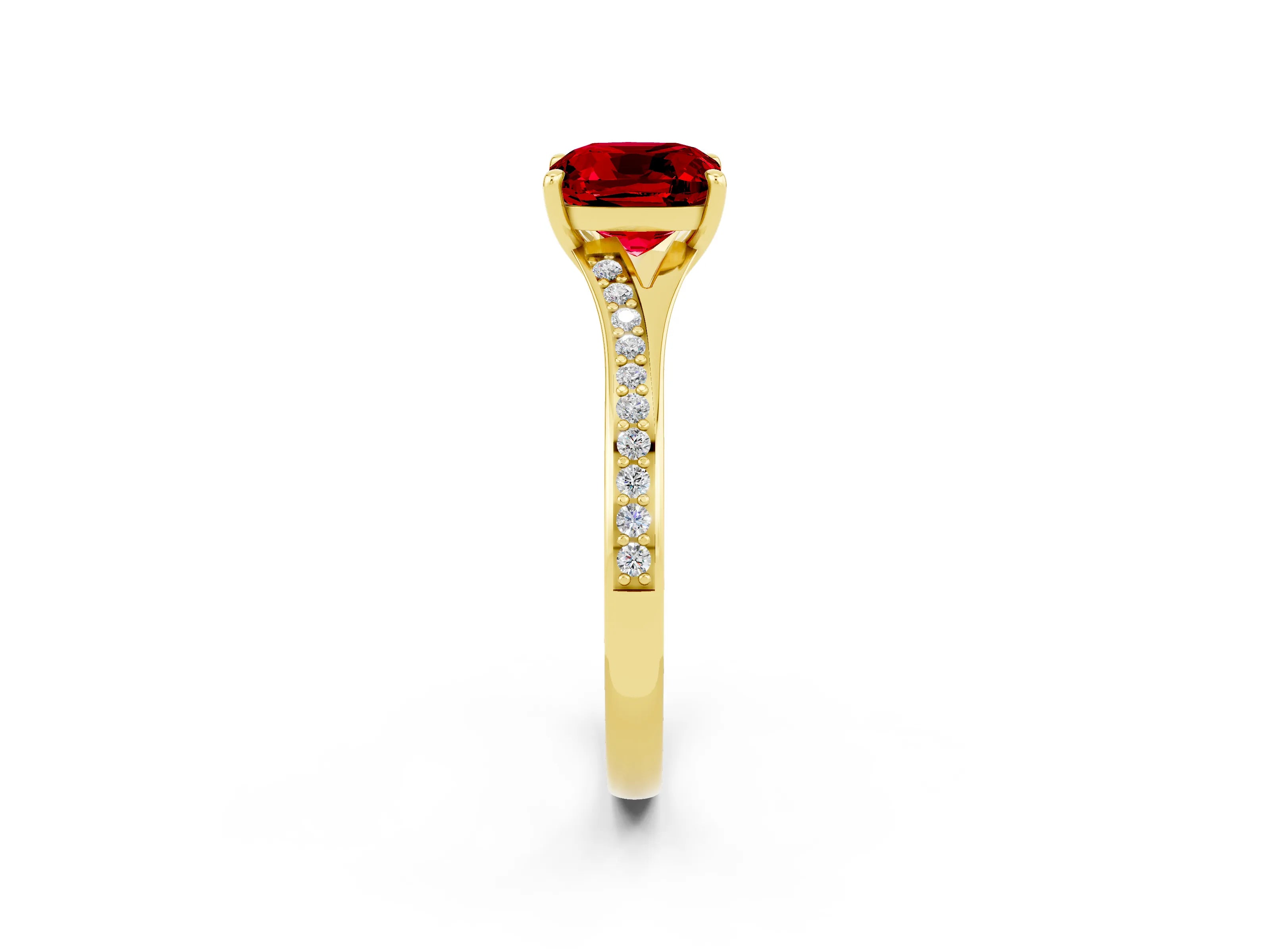 Yellow gold Cushion Cut Ruby Solitaire Ring with Pavé Band and Prong Setting_2