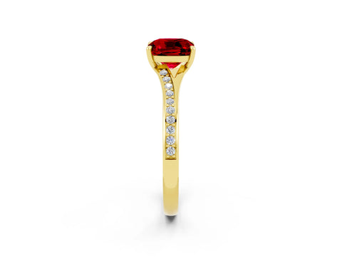 Yellow gold Cushion Cut Ruby Solitaire Ring with Pavé Band and Prong Setting_2