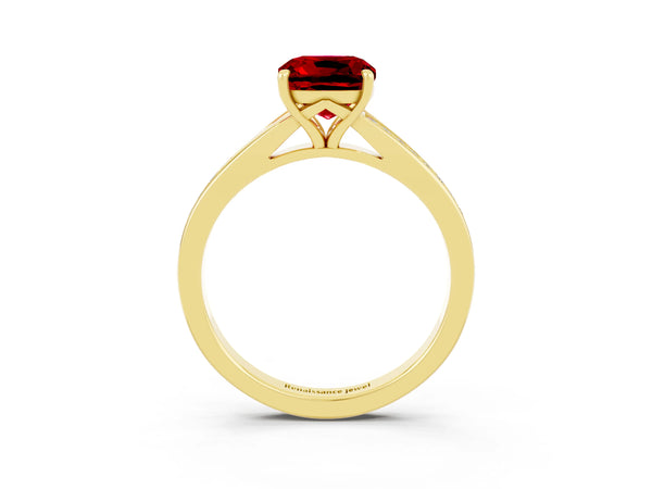 Yellow gold Cushion Cut Ruby Solitaire Ring with Pavé Band and Prong Setting