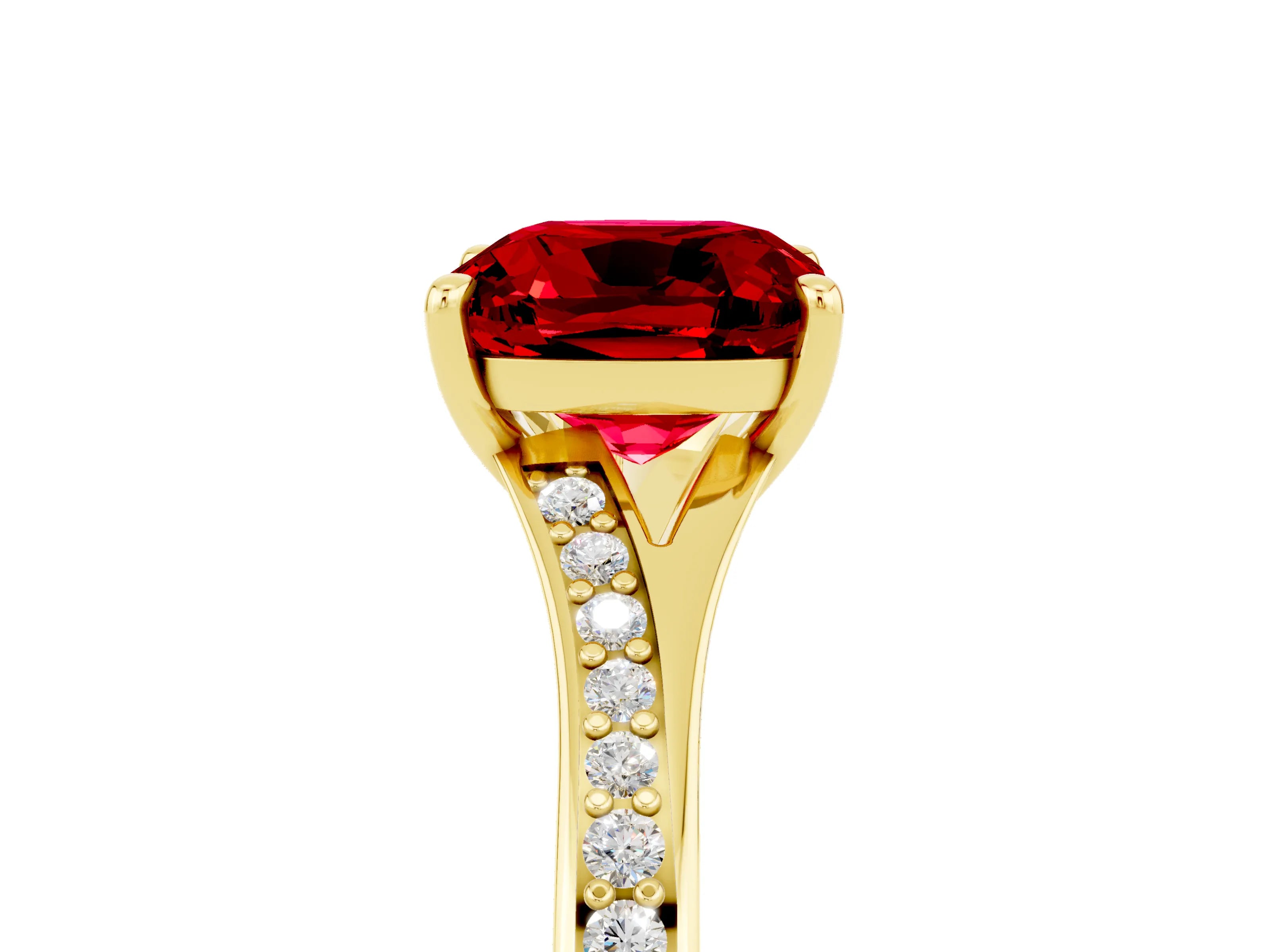 Yellow gold Cushion Cut Ruby Solitaire Ring with Pavé Band and Prong Setting_5