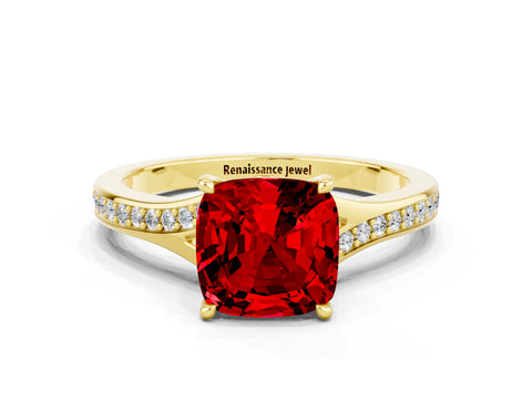 Yellow gold Cushion Cut Ruby Solitaire Ring with Pavé Band and Prong Setting