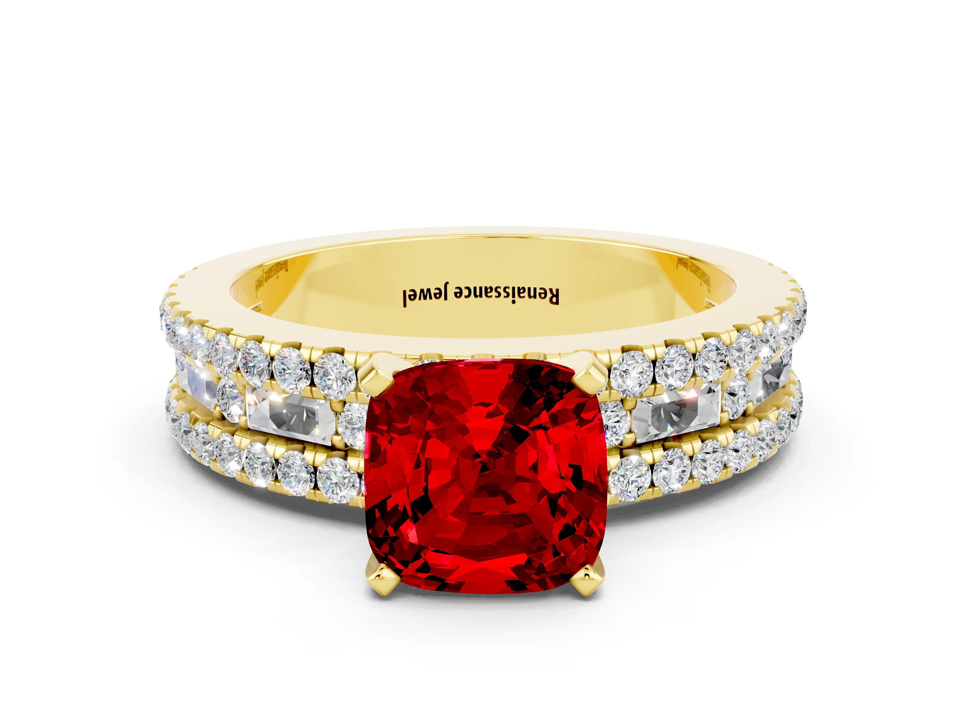 Yellow gold Cushion Cut Ruby Solitaire Ring with Pavé and Channel Set Band