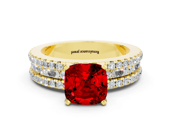 Yellow gold Cushion Cut Ruby Solitaire Ring with Pavé and Channel Set Band