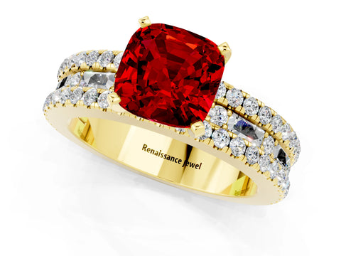 Yellow gold Cushion Cut Ruby Solitaire Ring with Pavé and Channel Set Band_1