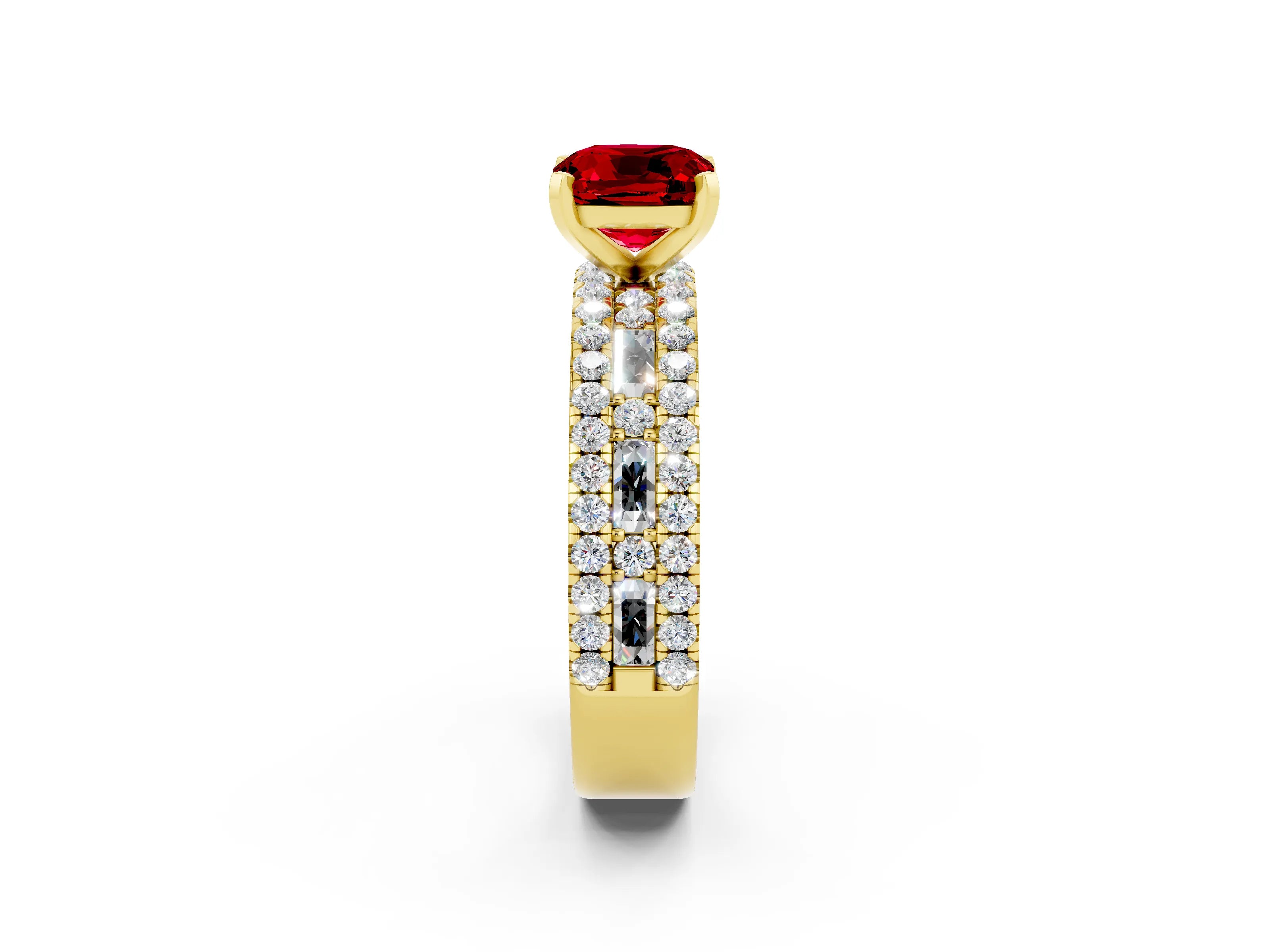 Yellow gold Cushion Cut Ruby Solitaire Ring with Pavé and Channel Set Band_2