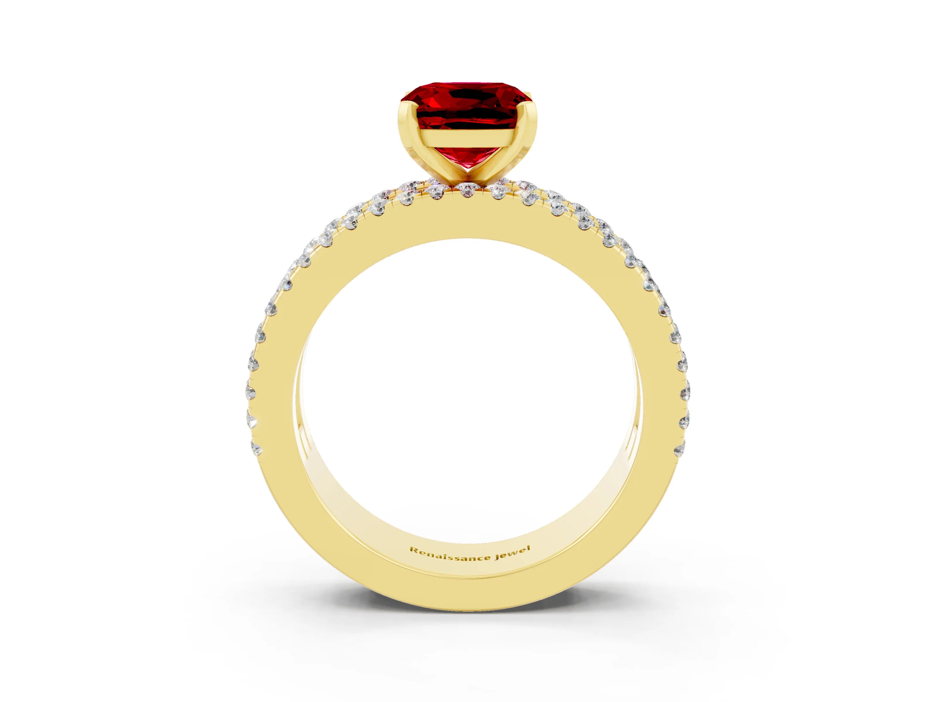 Yellow gold Cushion Cut Ruby Solitaire Ring with Pavé and Channel Set Band_3