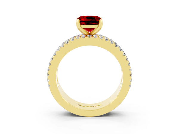 Yellow gold Cushion Cut Ruby Solitaire Ring with Pavé and Channel Set Band