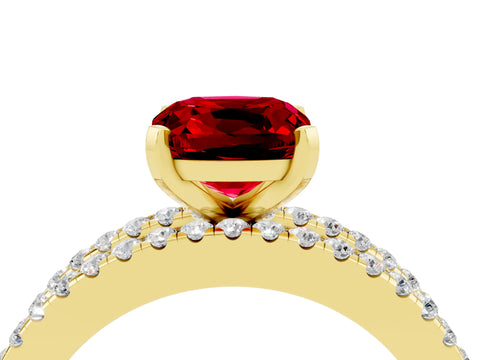 Yellow gold Cushion Cut Ruby Solitaire Ring with Pavé and Channel Set Band_4