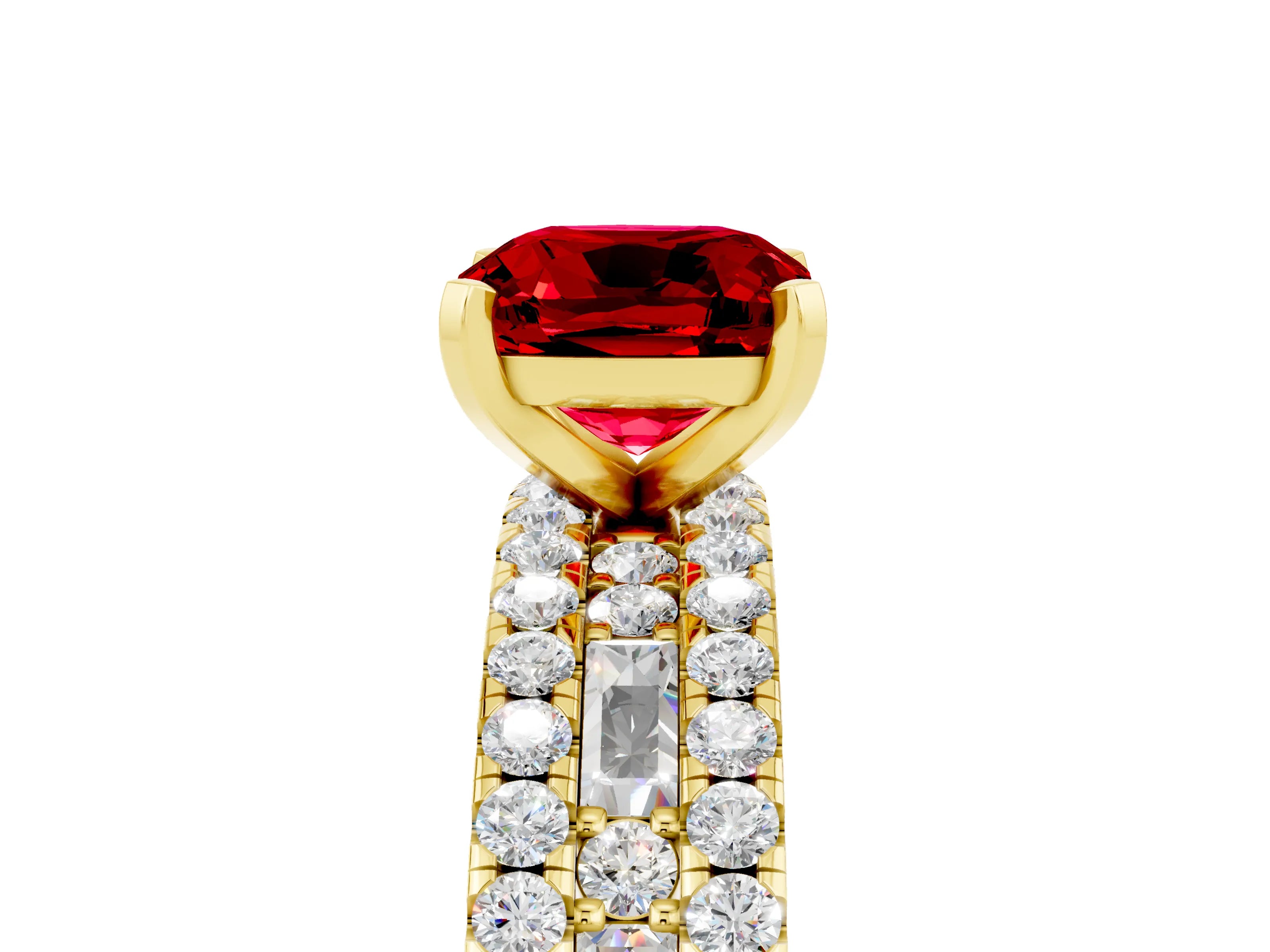 Yellow gold Cushion Cut Ruby Solitaire Ring with Pavé and Channel Set Band_5