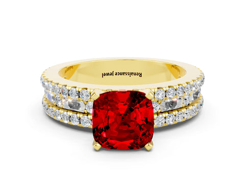 Yellow gold Cushion Cut Ruby Solitaire Ring with Pavé and Channel Set Band