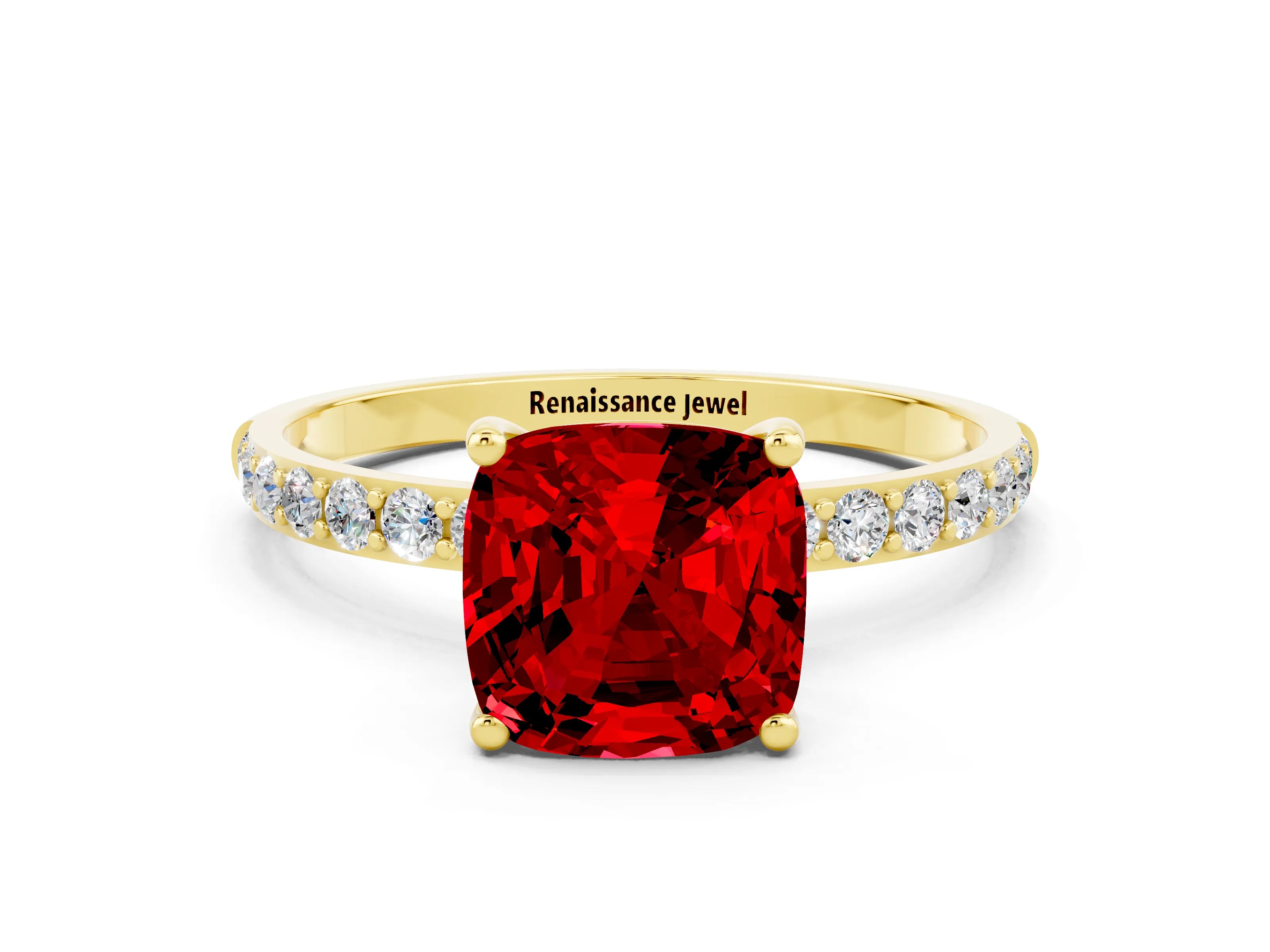 Yellow gold Cushion Cut Ruby Solitaire Ring with Pave Band and Four Prong Setting_24