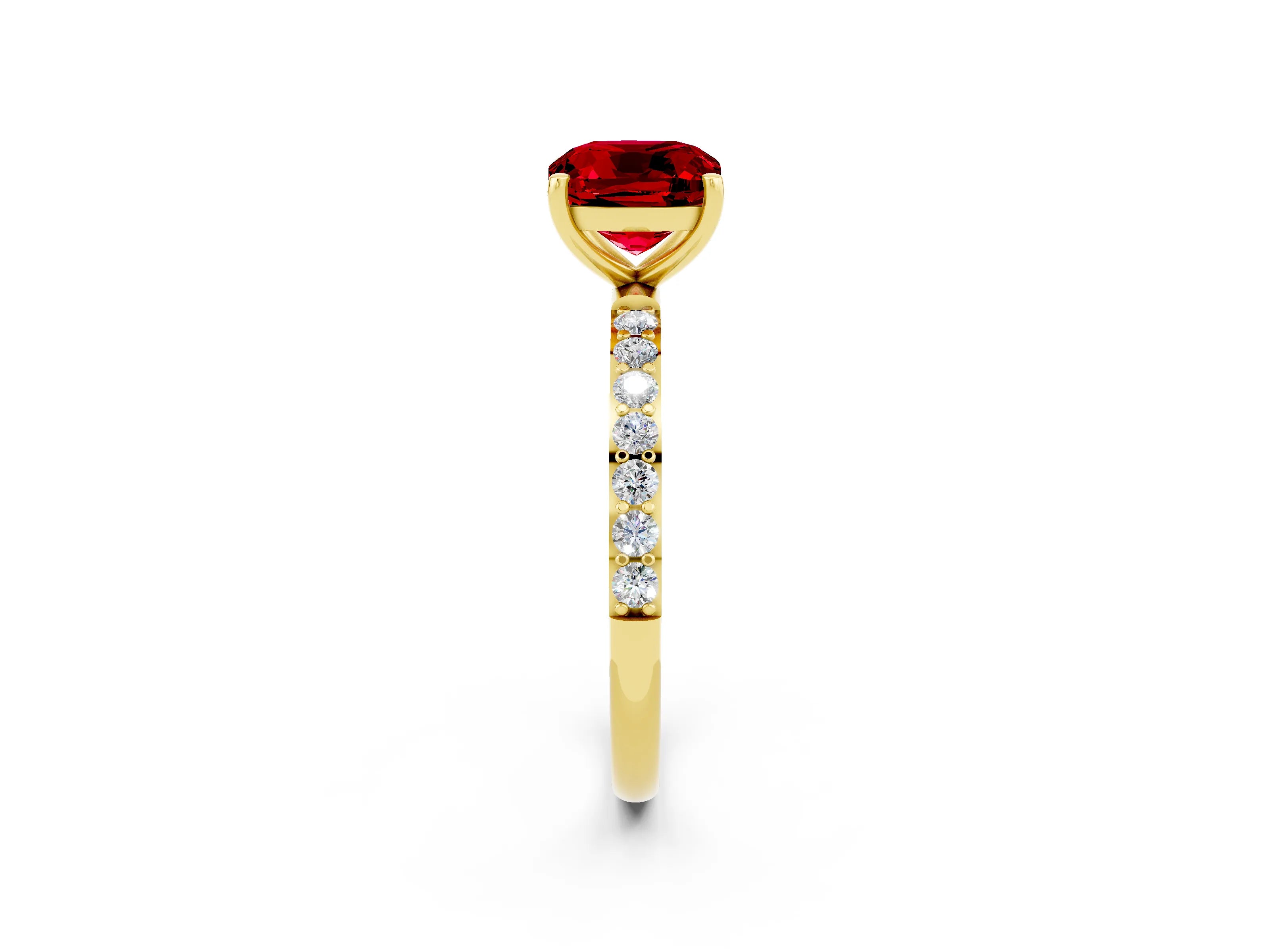 Yellow gold Cushion Cut Ruby Solitaire Ring with Pave Band and Four Prong Setting_26