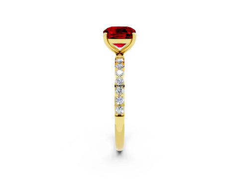 Yellow gold Cushion Cut Ruby Solitaire Ring with Pave Band and Four Prong Setting_26
