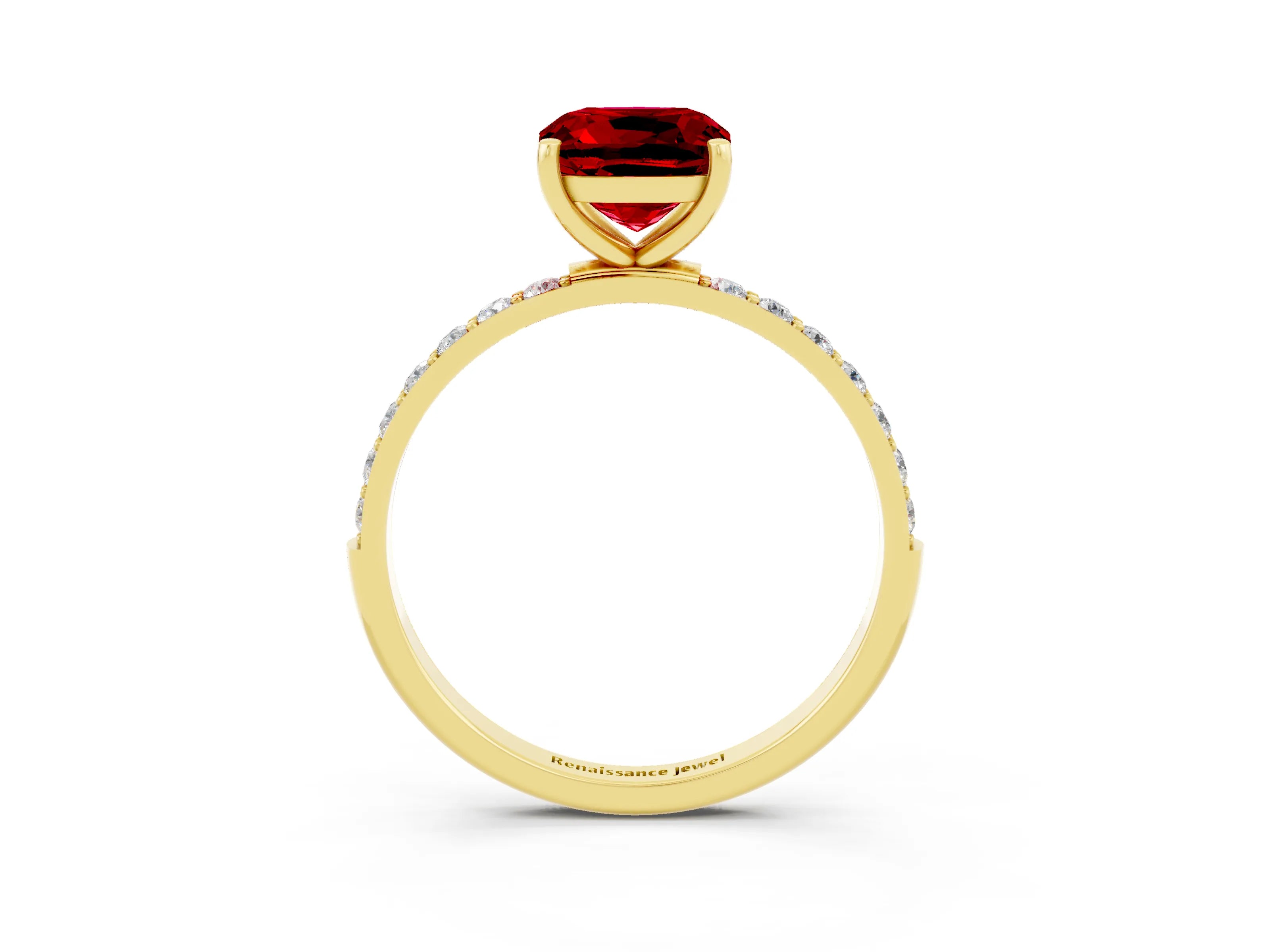 Yellow gold Cushion Cut Ruby Solitaire Ring with Pave Band and Four Prong Setting_27