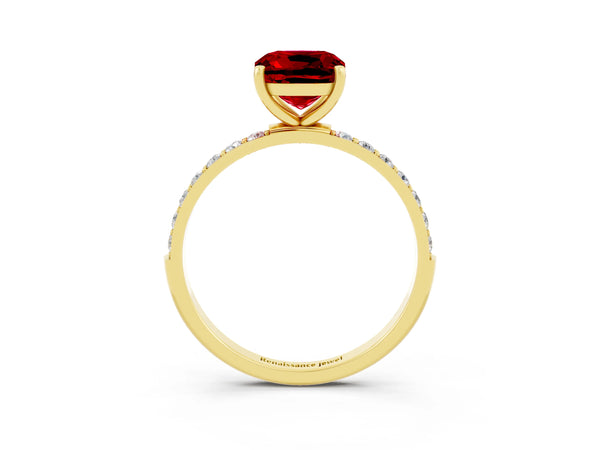 Yellow gold Cushion Cut Ruby Solitaire Ring with Round  Pavé Band and Prong Setting