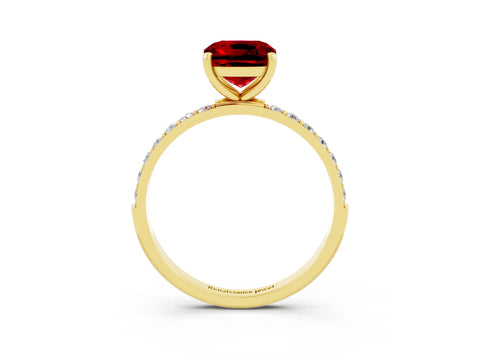 Yellow gold Cushion Cut Ruby Solitaire Ring with Pave Band and Four Prong Setting_27