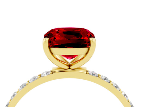 Yellow gold Cushion Cut Ruby Solitaire Ring with Pave Band and Four Prong Setting_28