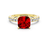 Yellow gold Cushion Cut Ruby Solitaire Ring with Round  Pavé Band and Four-Prong Setting_36