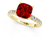Yellow gold Cushion Cut Ruby Solitaire Ring with Round  Pavé Band and Four-Prong Setting_37