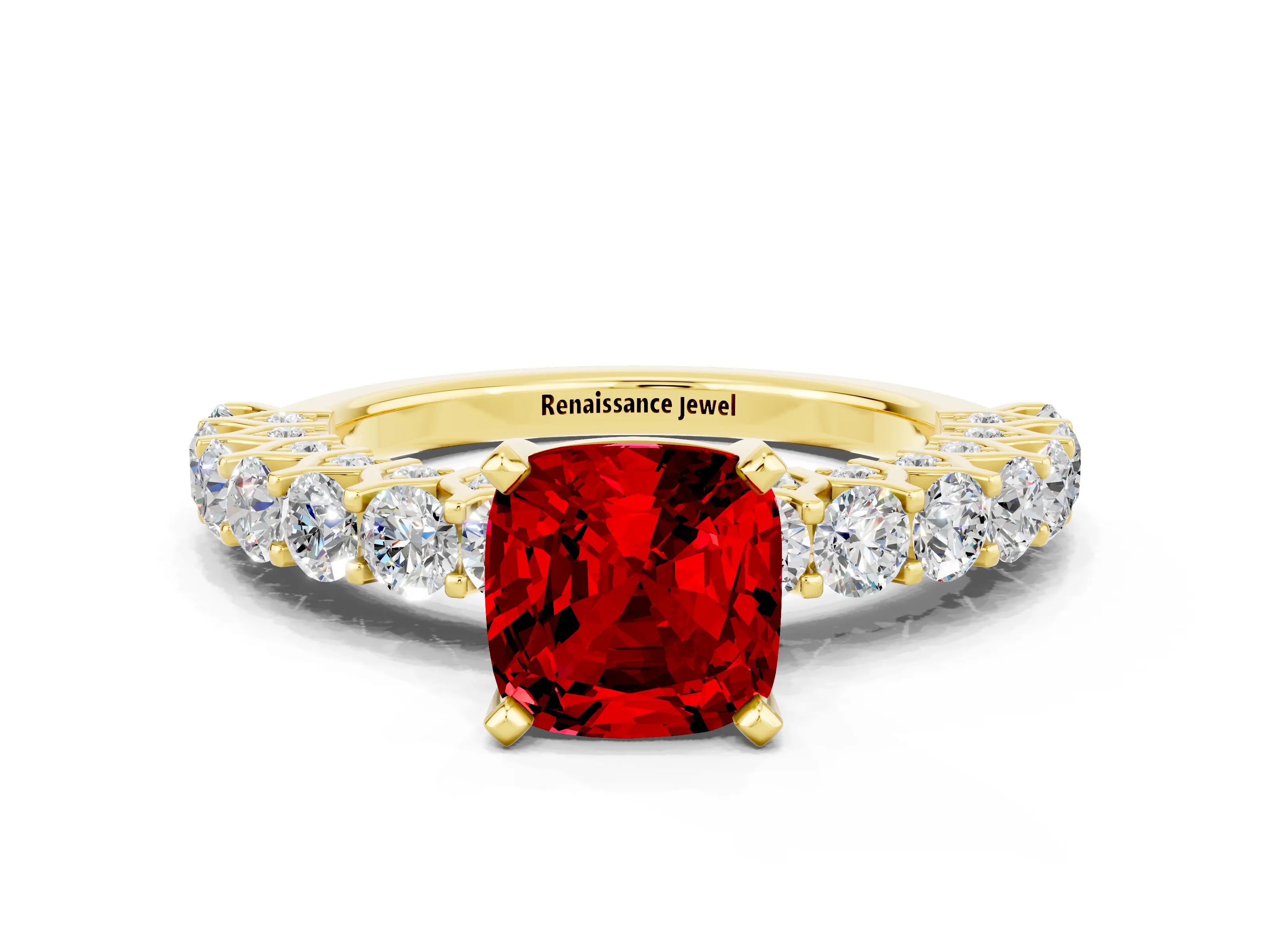 Yellow gold Cushion Cut Ruby Solitaire Ring with Shared Prong Pavé Band and Four-Prong Setting