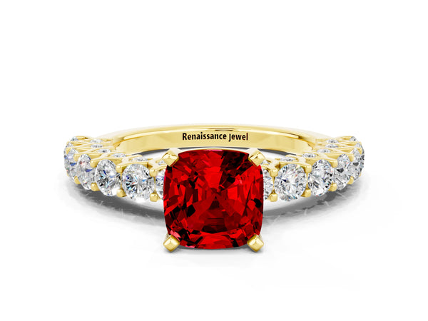 Yellow gold Cushion Cut Ruby Solitaire Ring with Shared Prong Pavé Band and Four-Prong Setting