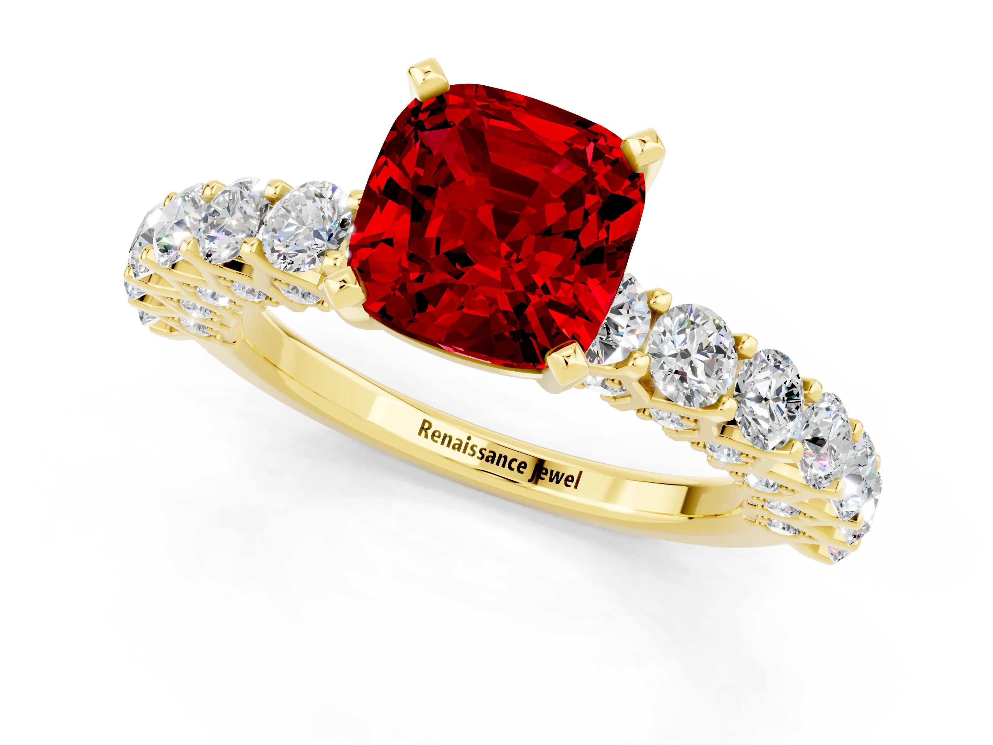 Yellow gold Cushion Cut Ruby Solitaire Ring with Shared Prong Pavé Band and Four-Prong Setting_1