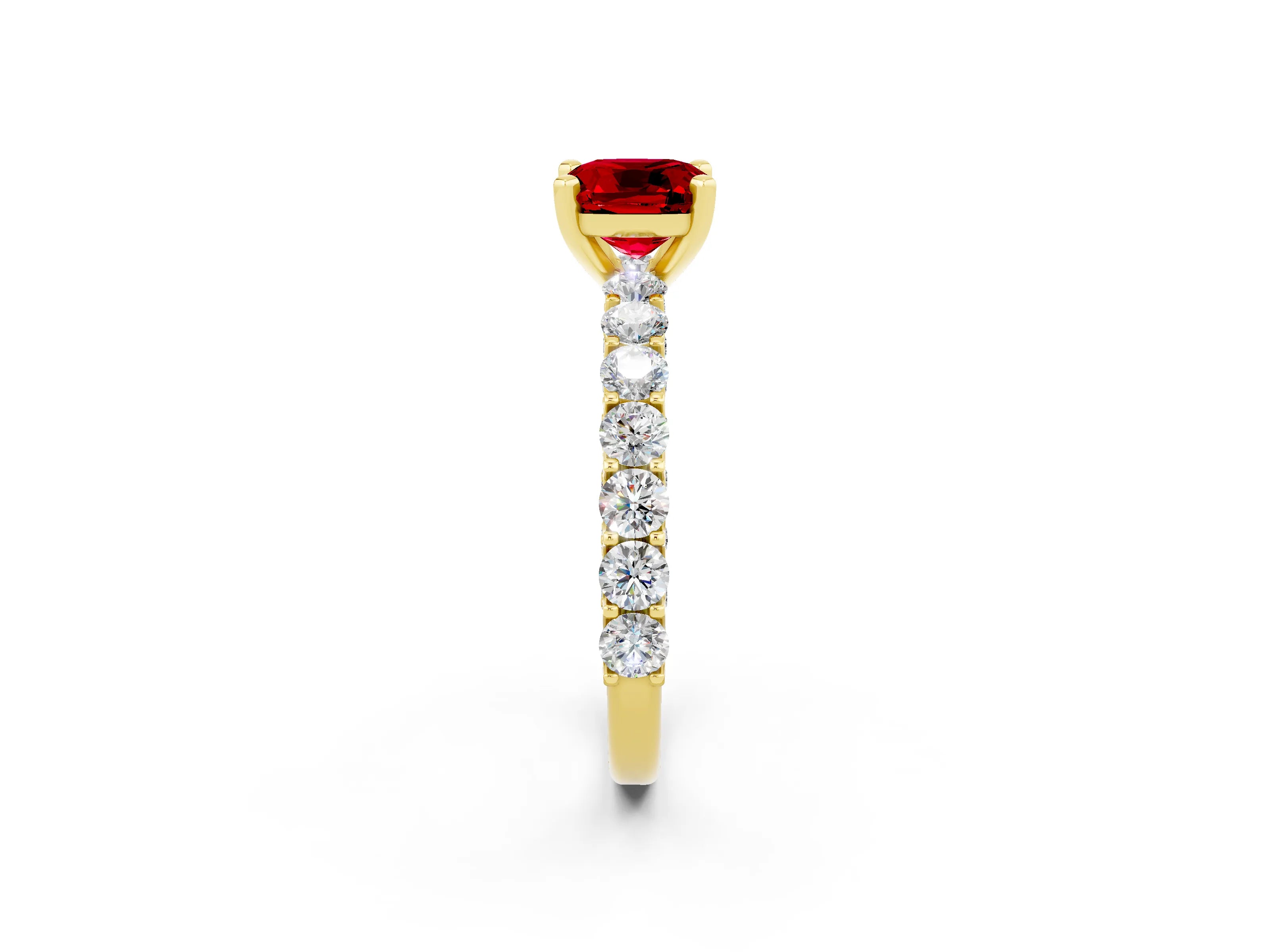 Yellow gold Cushion Cut Ruby Solitaire Ring with Shared Prong Pavé Band and Four-Prong Setting_2