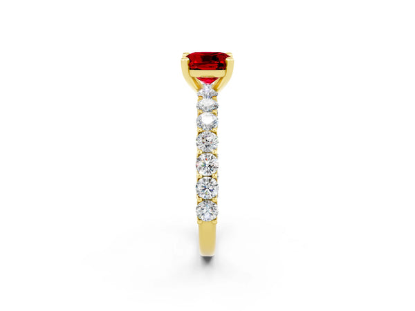 Yellow gold Cushion Cut Ruby Solitaire Ring with Shared Prong Pavé Band and Four-Prong Setting