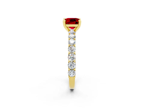 Yellow gold Cushion Cut Ruby Solitaire Ring with Shared Prong Pavé Band and Four-Prong Setting_2