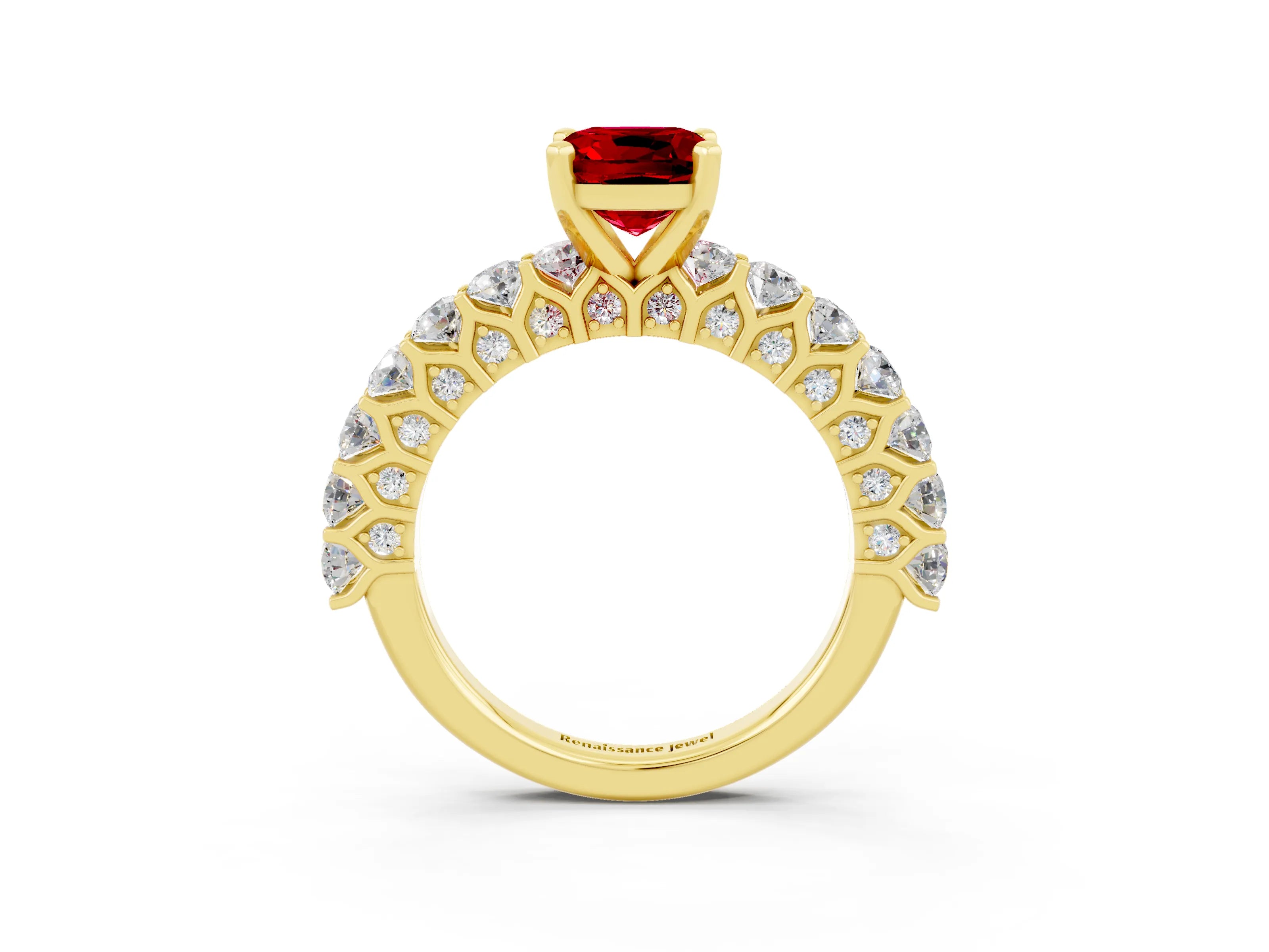 Yellow gold Cushion Cut Ruby Solitaire Ring with Shared Prong Pavé Band and Four-Prong Setting_3