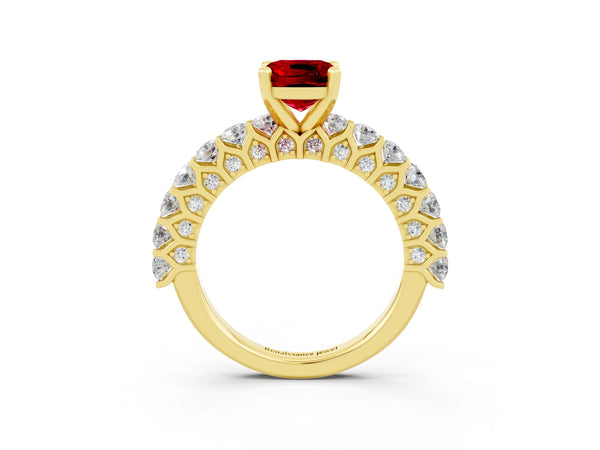 Yellow gold Cushion Cut Ruby Solitaire Ring with Shared Prong Pavé Band and Four-Prong Setting