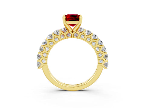Yellow gold Cushion Cut Ruby Solitaire Ring with Shared Prong Pavé Band and Four-Prong Setting_3