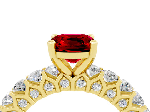 Yellow gold Cushion Cut Ruby Solitaire Ring with Shared Prong Pavé Band and Four-Prong Setting_4