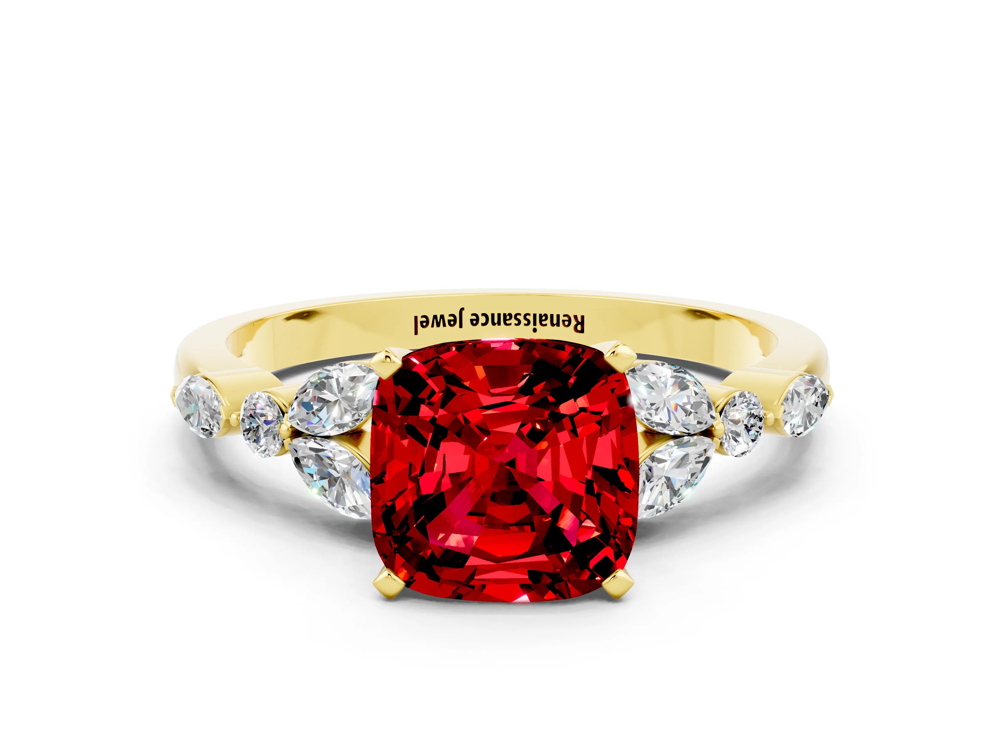 Yellow gold Cushion Cut Ruby Solitaire Ring with Side Stones and Four-Prong Setting_12