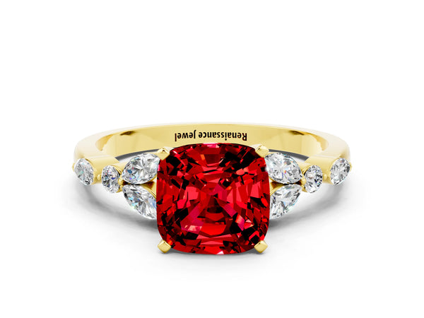 Yellow gold Cushion Cut Ruby Solitaire Ring with Side Stones and Four-Prong Setting
