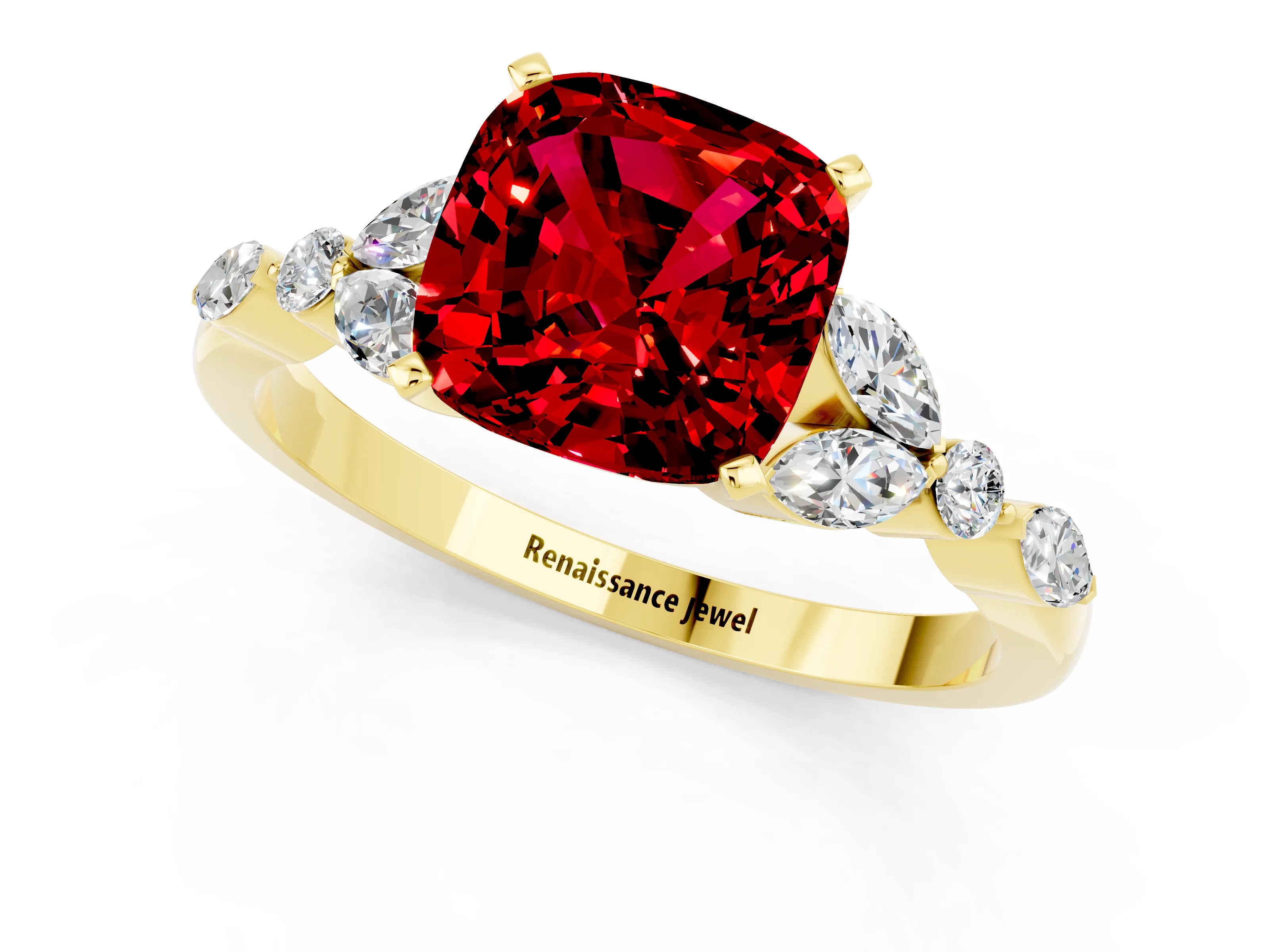 Yellow gold Cushion Cut Ruby Solitaire Ring with Side Stones and Four-Prong Setting_13