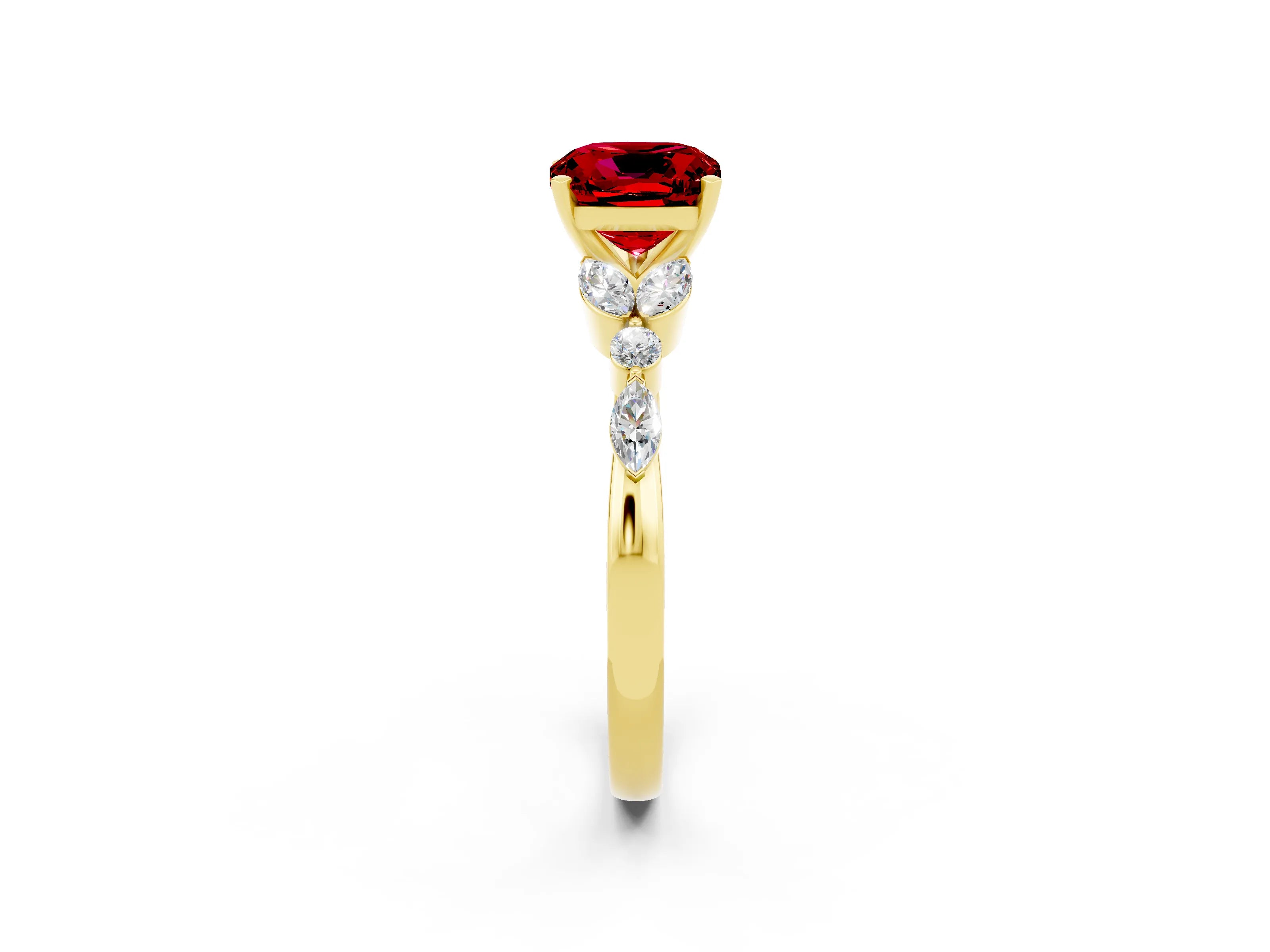 Yellow gold Cushion Cut Ruby Solitaire Ring with Side Stones and Four-Prong Setting_14