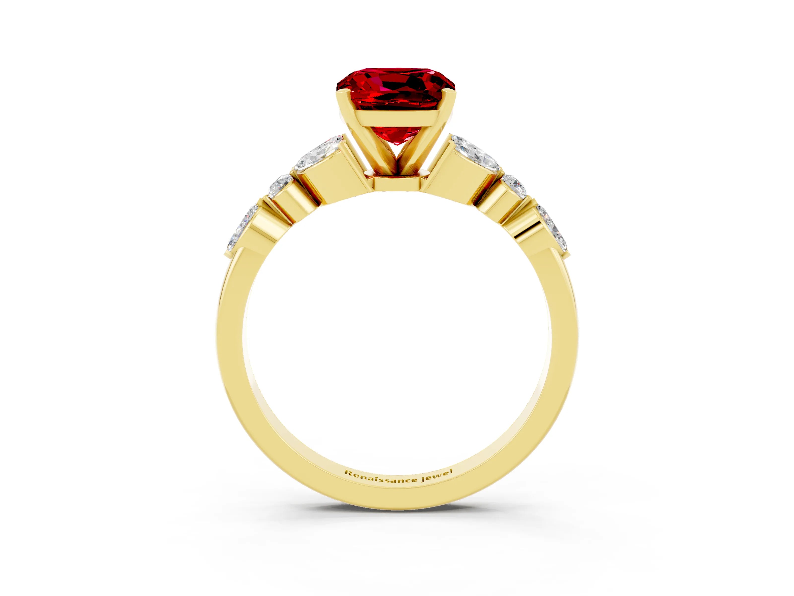 Yellow gold Cushion Cut Ruby Solitaire Ring with Side Stones and Four-Prong Setting_15