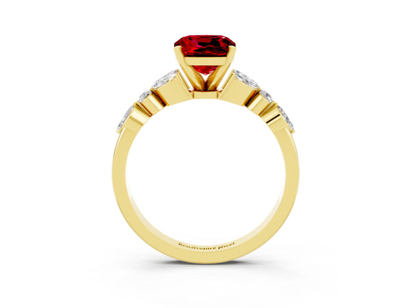 Yellow gold Cushion Cut Ruby Solitaire Ring with Side Stones and Four-Prong Setting