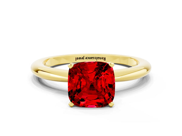 Yellow gold Cushion Cut Ruby Solitaire Ring with Six-Prong Setting and Classic Band
