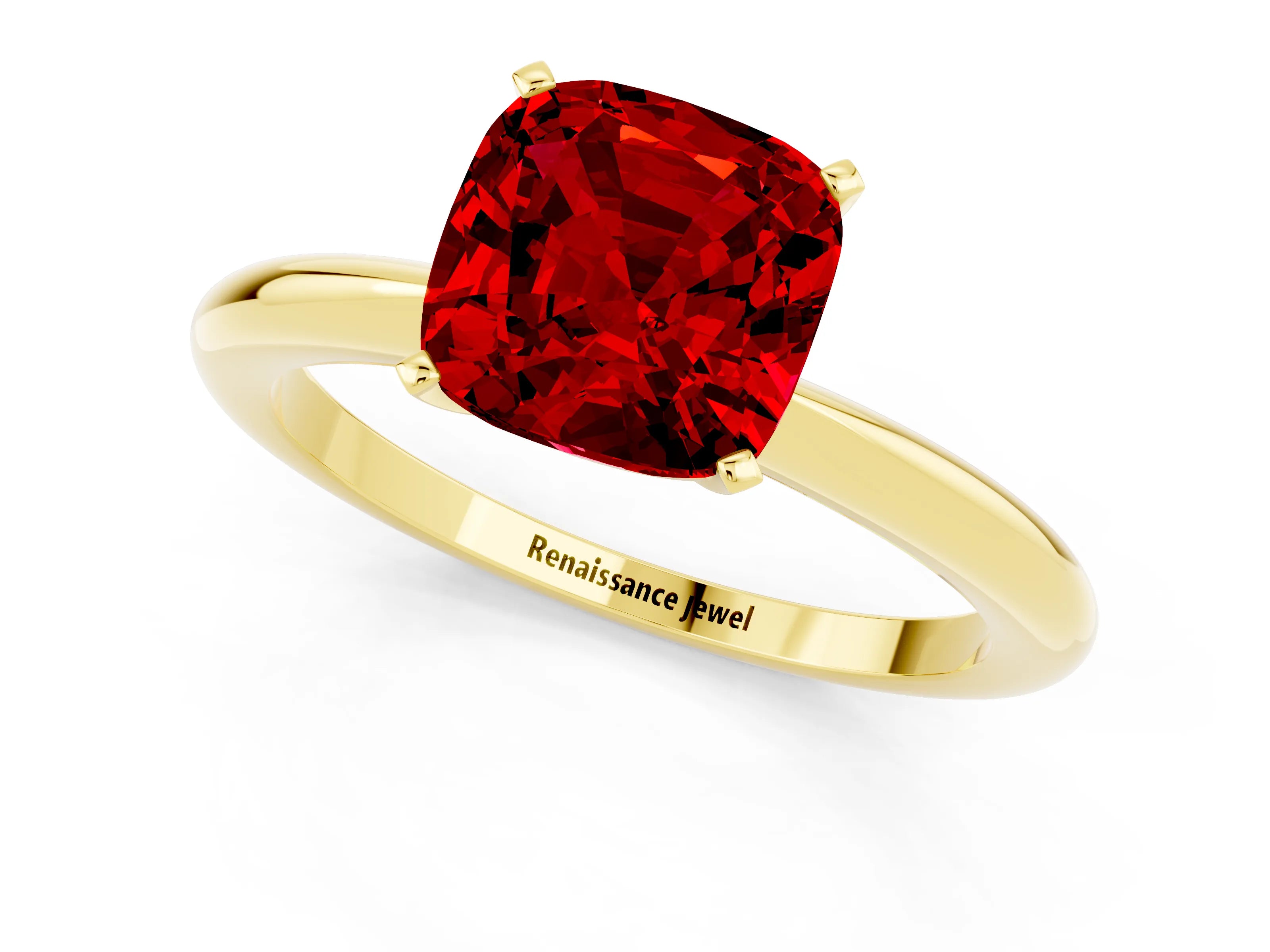 Yellow gold Cushion Cut Ruby Solitaire Ring with Six-Prong Setting and Classic Band_1