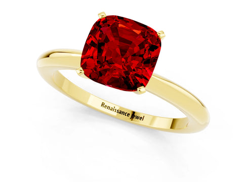 Yellow gold Cushion Cut Ruby Solitaire Ring with Six-Prong Setting and Classic Band_1