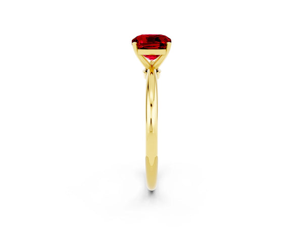 Yellow gold Cushion Cut Ruby Solitaire Ring with Six-Prong Setting and Classic Band